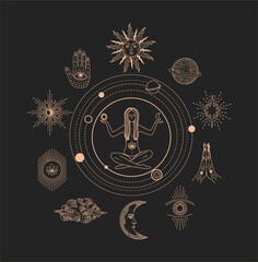 Wall Mural - set of linear vector illustrations. hand drawn celestial illustrations depicting the sun, moon, plan