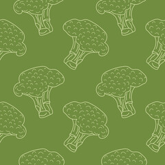 Wall Mural - Seamless pattern Broccoli in linear style. Hand drawn Broccoli seamless pattern. Vector illustration