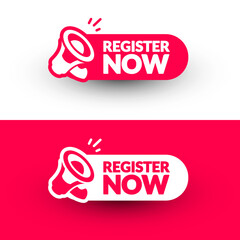 Poster - label with megaphone and text register now
