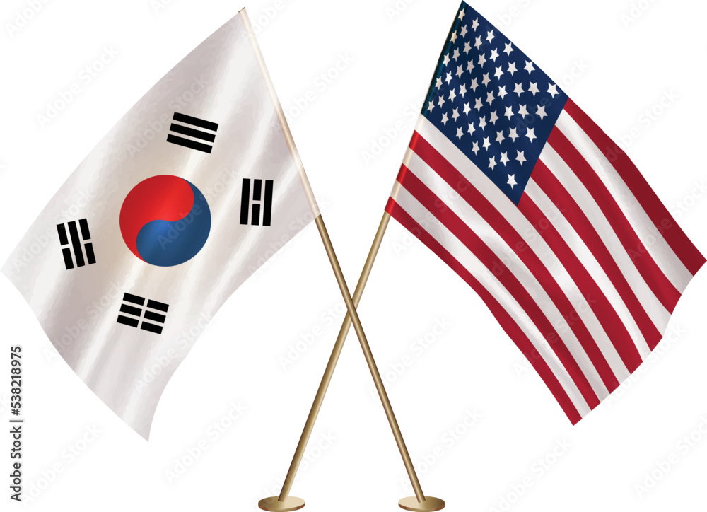 View of South Korea,US flag together.American,South Korean waving flag together ...