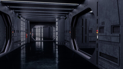 Poster - Futuristic science fiction space ship corridor with metallic walls. 3D rendering.