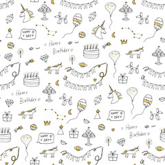 Wall Mural - Happy Birthday doodle vector seamless pattern.