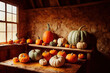 Pumpkin Fall Harvest in a Rustic Barn, Made by AI, Artificial Intelligence