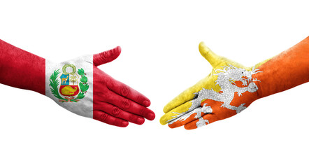 Handshake between Bhutan and Peru flags painted on hands, isolated transparent image.