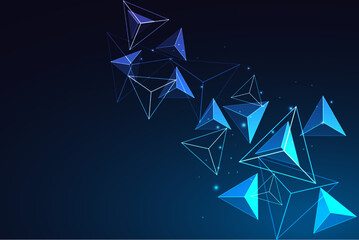 Abstract futuristic dynamic banner with glowing blue triangles and tetrahedra on blue background