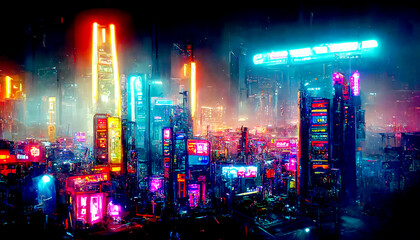 Wall Mural - Futuristic cyberpunk city full of neon lights at night, Retro future illustration in a style of pixel art, Blurred background