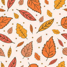 Orange Autumn Leaves Background, Fall Leaf Seamless Pattern