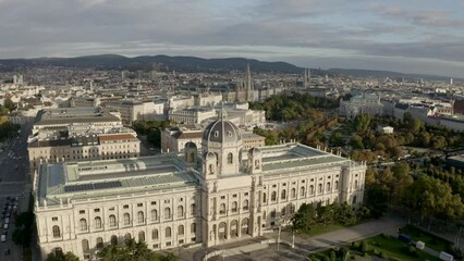 Wall Mural - Sunset over the Natural History Museum of Vienna, Austria - 4k Aerial Drone Footage