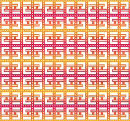 Poster - Vector Seamless Circle and rectangle shape pattern on yellow red gradient colors background. Stippling Chevron ZigZag modern Background. 