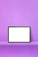 Sticker - Digital tablet pc on purple wall shelf. Vertical background banner