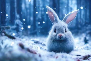 rabbit in the winter forest christmas background