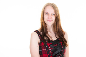 portrait of smiling young woman wearing red black retro dress fashion on white background