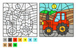 Vector coloring page for children education and activities. Puzzle game color by number tractor