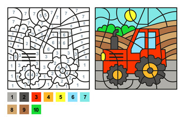 Wall Mural - Vector coloring page for children education and activities. Puzzle game color by number tractor