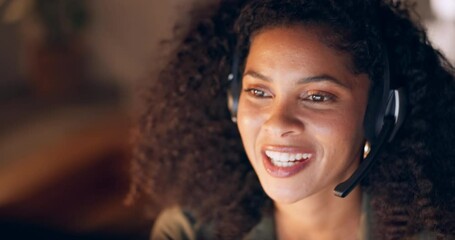 Aufkleber - Black woman, customer support service with a smile and employee at online call center or virtual telemarketing business. Crm consultant at work, helping a faq caller and respond to contact us message