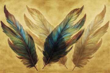 Poster - Beautiful multicolored bird feathers, digital illustration.