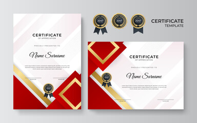 Modern red and gold certificate template design for business and achievement award with gold badge