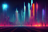 Fototapeta Miasto - Futuristic city with skyscrapers, traffic light, neon lights, utopistic cyberpunk dark mood