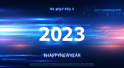 Poster - 2023 Happy New Year vector holiday in technology sci fi circuit design innovation concept vector background. White Numeral 2023 Hitech communication digital business. Hitech technology. Vector EPS10.