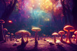 Psilocybin mushrooms in a forest, with colorful lights, hallucination concept