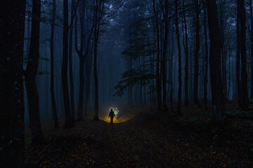 Two tourists in the night forest walk along a dirt road in the light of headlamps