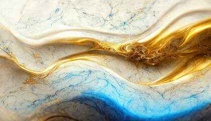 Wall Mural - Abstract luxury marble background. Digital art marbling texture. Blue, gold and white colors