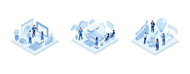 Poster - people character analyzing stock market, public finance audit concept, people characters having new 