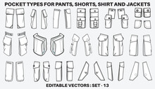 Patch Pocket Flat Sketch Vector Illustration Set, Different Types Of Clothing Pockets For Jeans Pocket, Denim, Sleeve Arm, Cargo Pants, Dresses, Bag, Garments, Clothing And Accessories