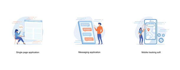 Developers at computer and smartphone working on single page app, tiny people, Person holding smartphone and sending messages, Mobile tracking soft abstract concept, set flat vector modern illustratio