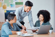 © Anela R/peopleimages.com - Business team, laptop and creative research collaboration or data analysis in modern office. Happy marketing innovation colleagues, teamwork strategy and asian businessman leading corporate meeting