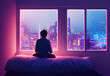 © overrust - boy sits alone in his room on the bed and looks at the bright big city through a large window, lonliness,illustration, generative ai