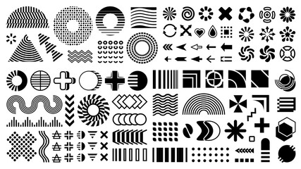 abstract modern vector design elements, memphis set, flat black shapes, geometric forms and figures.