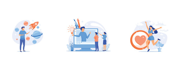 office workers are studying the infographic, people run to their goal on the column of columns, employee receives a gift, set flat vector modern illustration