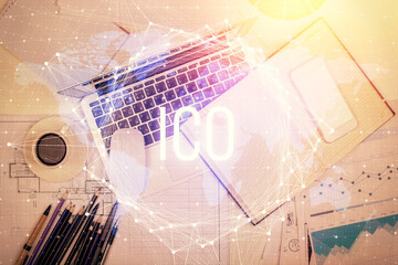 Aufkleber - Blockchain theme hologram drawings over computer on the desktop background. Top view. Multi exposure. Concept of cryptoeconomy.