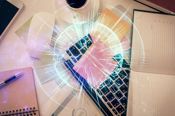 Aufkleber - Business theme hologram drawings over computer on the desktop background. Top view. Multi exposure. Concept of international connections.