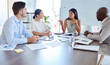 © Anela R/peopleimages.com - Business woman leadership, conversation and collaboration, economy planning and finance ideas in corporate company office table. Management staff meeting, workers conversation and team brainstorming