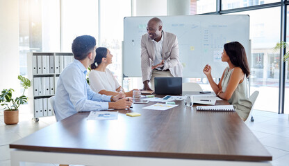 Aufkleber - Ceo, happy and business people in meeting for goals, success and planning a sales target for the company. Team, leadership and mentor coaching marketing and advertising employees on a global project
