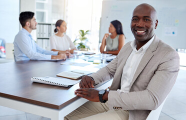 Poster - Management, leadership and portrait of businessman in meeting for presentation, marketing and future growth. Innovation, goals and future with black man employee working in review, vision and idea