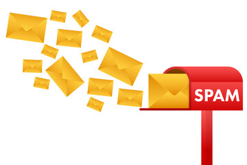 Poster - No spam. Spam Email Warning. Concept of virus, piracy, hacking and security. Envelope with spam. Vector illustration.