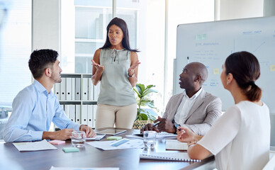 Aufkleber - Documents, marketing and employees meeting, planning and working on sales at their startup company. Corporate manager with a presentation of a strategy with report, documents and paperwork in office
