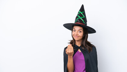 Poster - Young hispanic woman dressed as witch over isolated background inviting to come with hand. Happy that you came