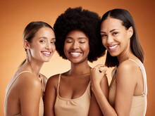 Diversity, Women And Skincare For Beauty, Being Happy And Makeup Brown Studio Background Together. Support, Portrait And Girls With Smile, Empowerment And Natural Beauty Inclusion, Proud Or Cosmetics