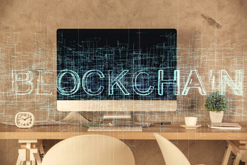 Poster - Double exposure of crypto technology theme drawing and office interior background. Concept of blockchain.