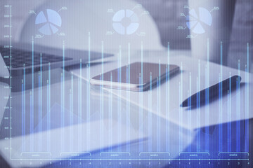 Poster - Double exposure of forex graph drawing and cell phone background. Concept of financial data analysis