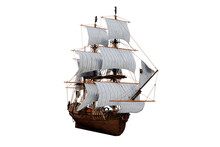 Front Perspective 3D Illustration Of An Old Wooden Pirate Sailing Ship Isolated On A Transparent Background.