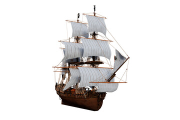 Poster - Front perspective 3D illustration of an old wooden pirate sailing ship isolated on a transparent background.