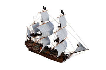Poster - 3D illustration of an old wooden pirate sailing ship seen from above isolated on a transparent background.