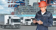 © scharfsinn86 - Port manager with a digital tablet against the background of a trucks and ship loaded with containers in the seaport