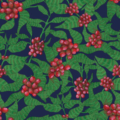 Nature tree, coffee branch, leaf, bean, flower, berry. Floral print. Seamless pattern with colorful hand drawn coffee tree branches
Watercolor coffee seamless pattern. Hand painted leaves and beans. 