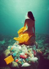 Modern Representation Of A Mermaid At The Bottom Of The Sea, Surrounded By Plastic Waste And Pollution